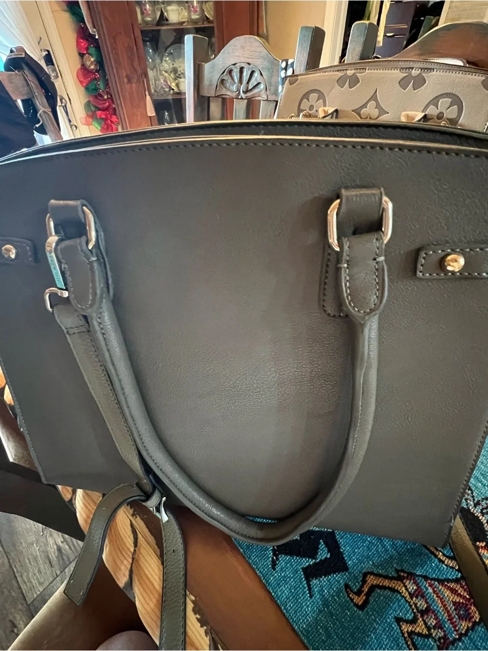 BCBG Olive Green Satchel with Top Handle and Padlock Accent